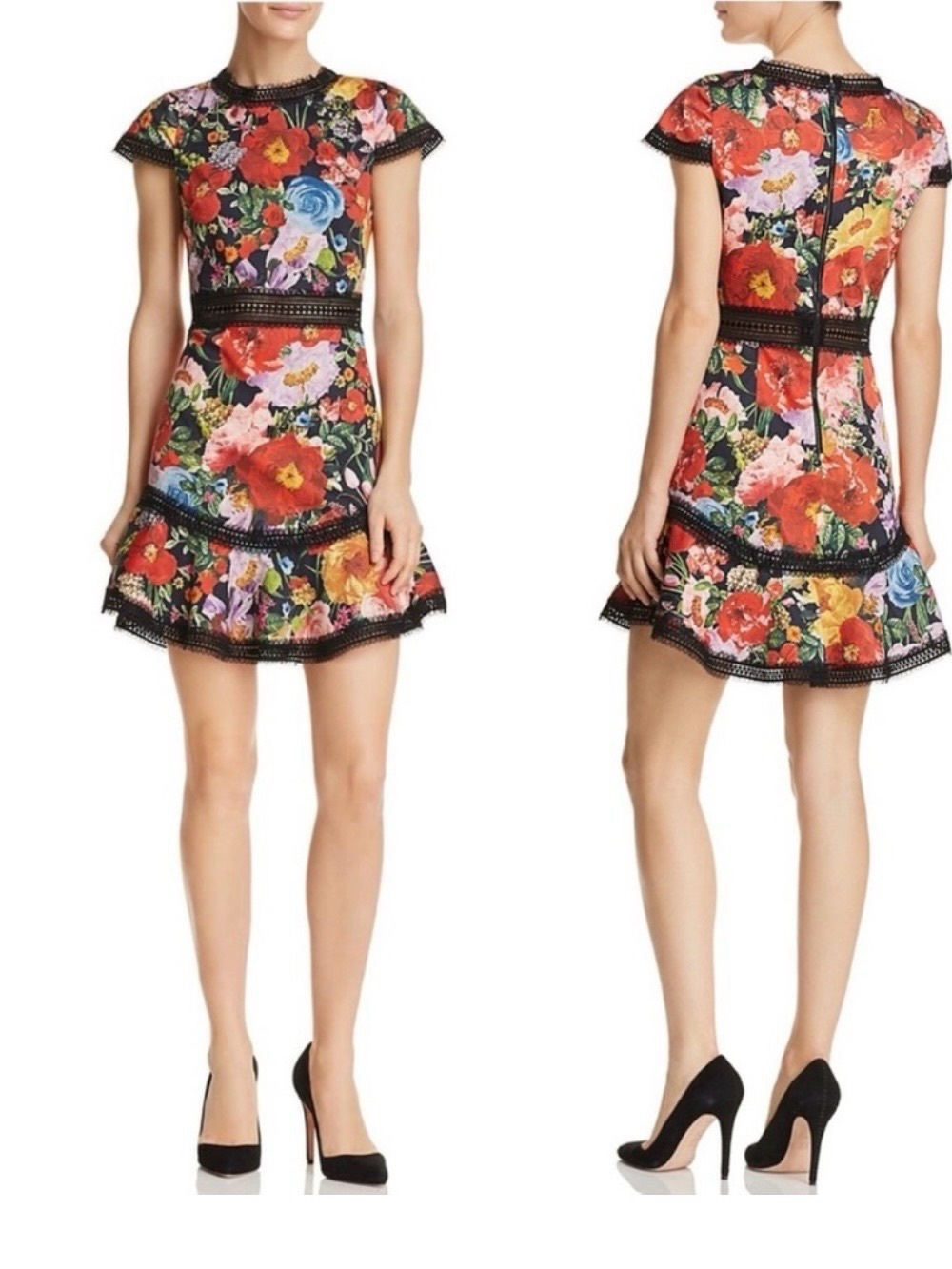Alice + Olivia Rapunzel  Floral Lace-Trim Mini Dress with Multicolor Blooms